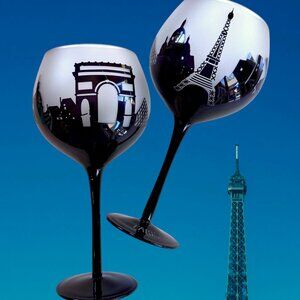Set Paris Cityscape Wine Glasses Oversized Frosted Glass Black Skyline Handcraft